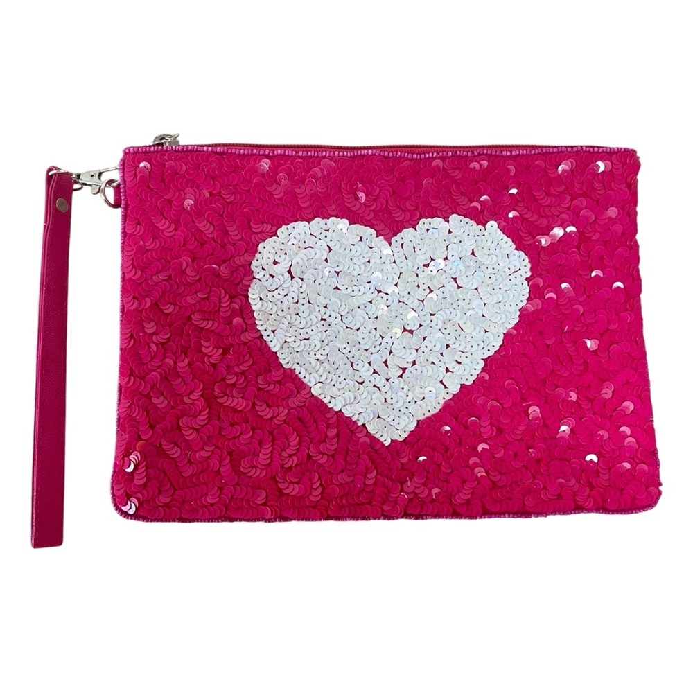 Pink Sequined Heart Wristlet Clutch Hot Pink White Heart‎ Sparkle Bling NWOT